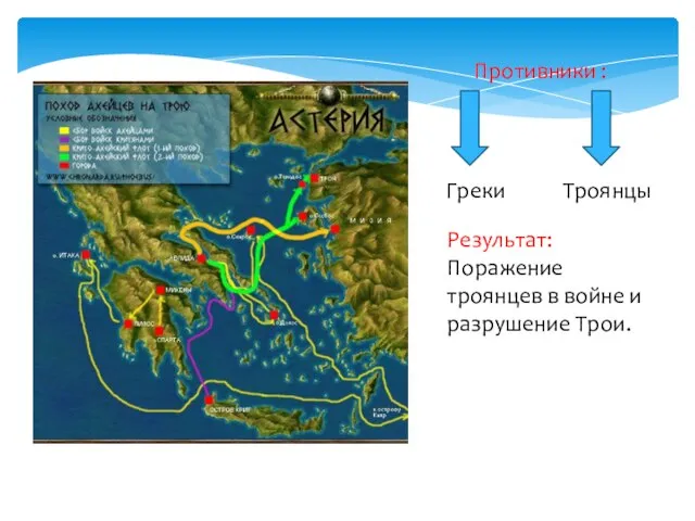 Противники : Греки Результат: Поражение троянцев в войне и разрушение Трои. Троянцы