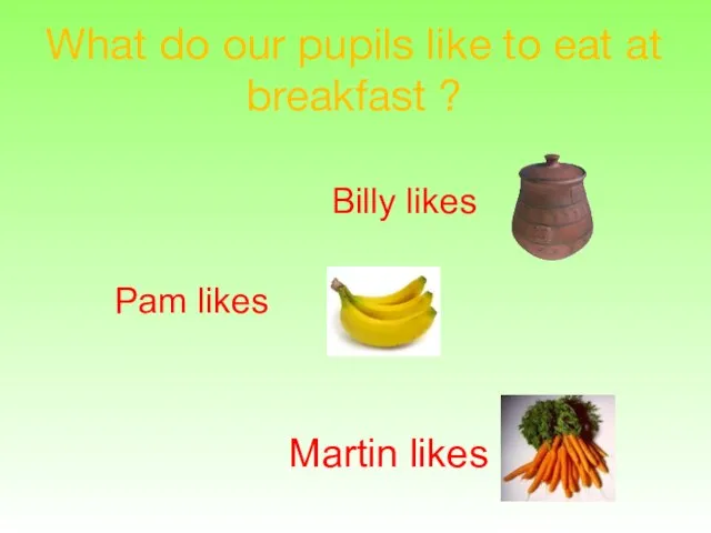 What do our pupils like to eat at breakfast ? Billy likes Pam likes Martin likes