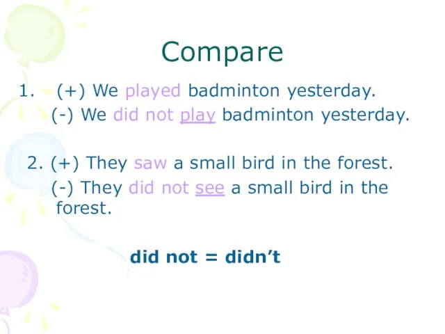 Compare (+) We played badminton yesterday. (-) We did not play