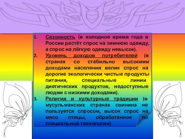 Назовите любые три фактора, влияющих на формирование спроса, и проиллюстрируйте каждый