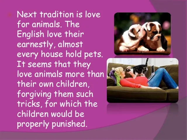 Next tradition is love for animals. The English love their earnestly,