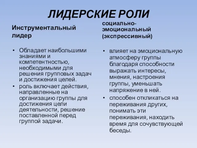 ЛИДЕРСКИЕ РОЛИ Инструментальный лидер Обладает наибольшими знаниями и компетентностью, необходимыми для