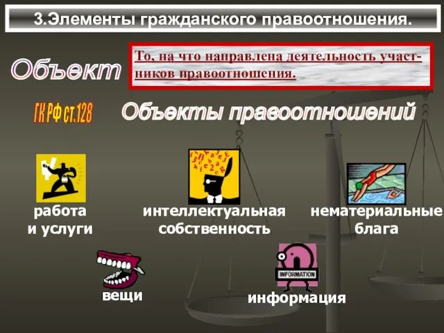 3.Элементы гражданского правоотношения. Объект То, на что направлена деятельность участ- ников