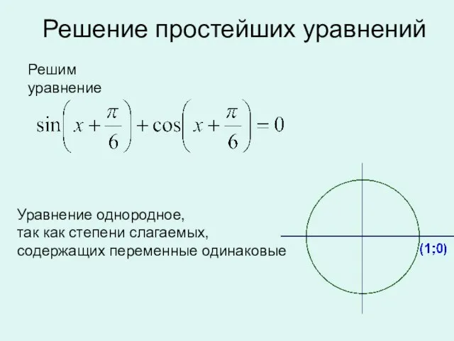 Решение простейших уравнений Решим уравнение Уравнение однородное, так как степени слагаемых, содержащих переменные одинаковые