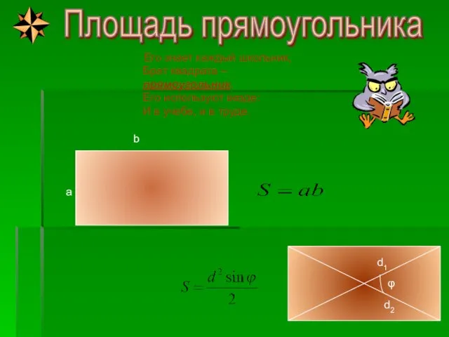 Площадь прямоугольника φ d2 d1 a b Его знает каждый школьник,