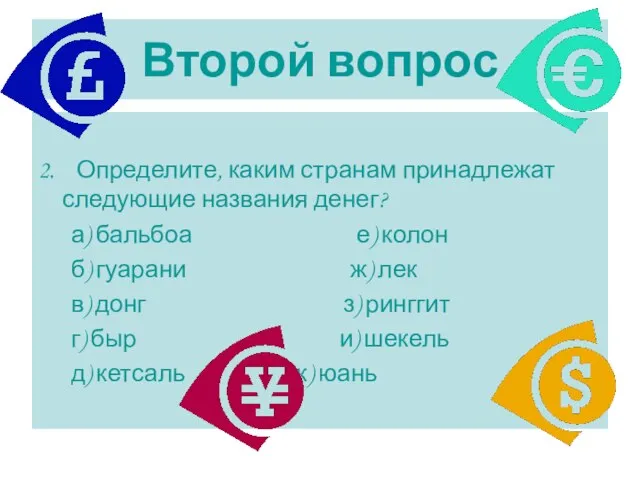 Второй вопрос 2. Определите, каким странам принадлежат следующие названия денег? а)