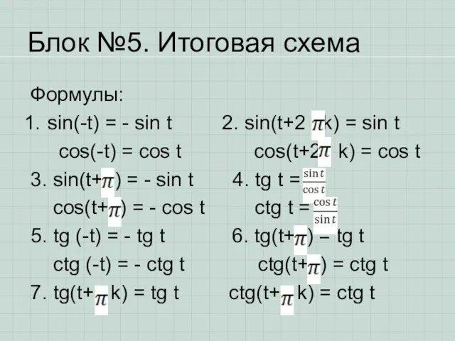 Блок №5. Итоговая схема Формулы: sin(-t) = - sin t 2.