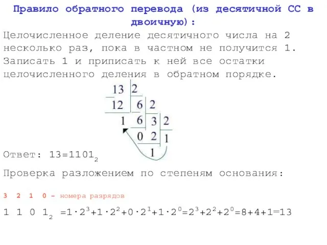 Правило обратного перевода (из десятичной СС в двоичную): Целочисленное деление десятичного