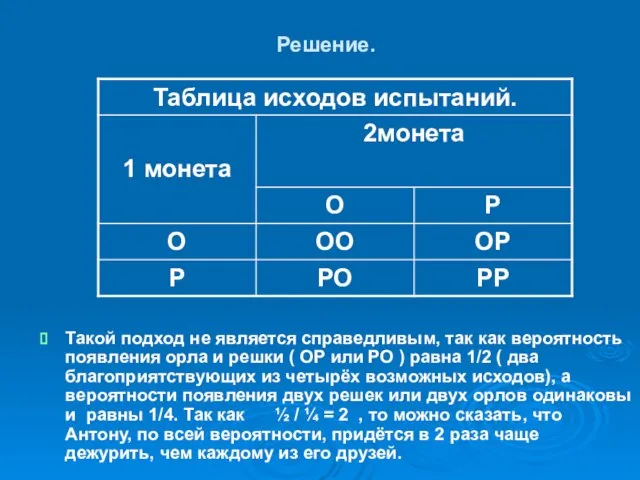 Решение. Такой подход не является справедливым, так как вероятность появления орла