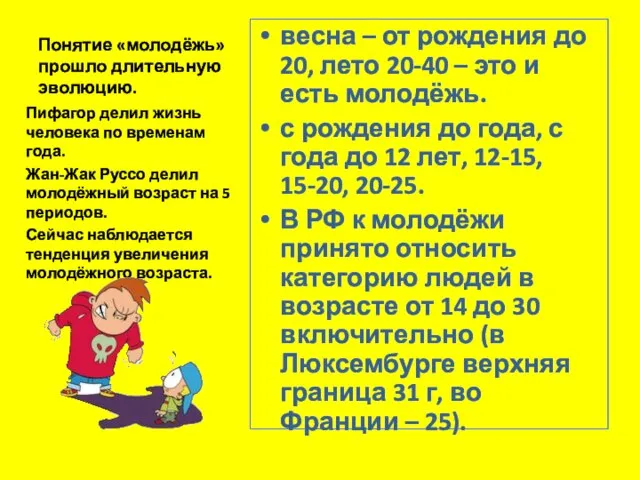 Понятие «молодёжь» прошло длительную эволюцию. весна – от рождения до 20,