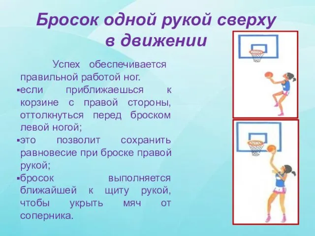 Бросок одной рукой сверху в движении Успех обеспечивается правильной работой ног.