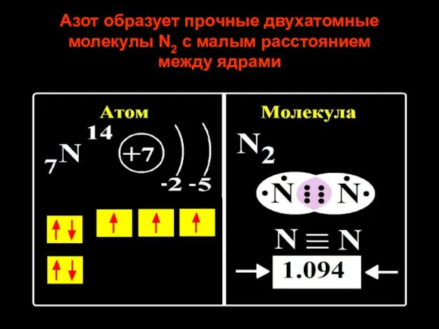 Азот образует прочные двухатомные молекулы N2 с малым расстоянием между ядрами