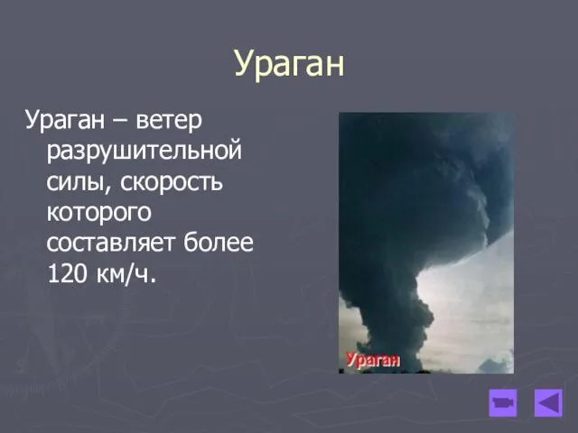 Ураган Ураган – ветер разрушительной силы, скорость которого составляет более 120 км/ч.