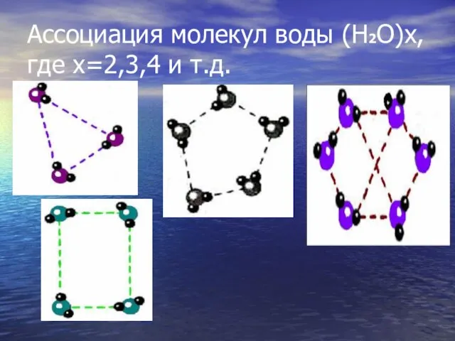 Ассоциация молекул воды (Н2О)x, где x=2,3,4 и т.д.