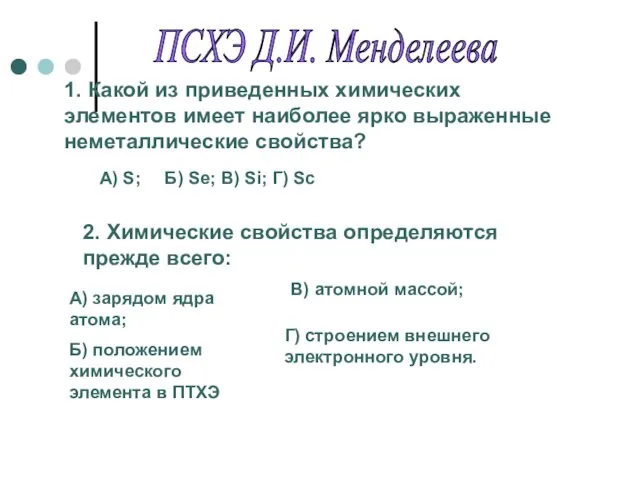 ПСХЭ Д.И. Менделеева 1. Какой из приведенных химических элементов имеет наиболее