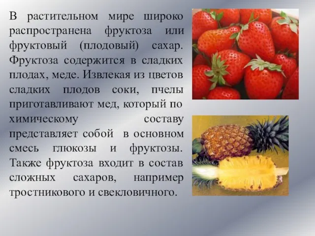 В растительном мире широко распространена фруктоза или фруктовый (плодовый) сахар. Фруктоза
