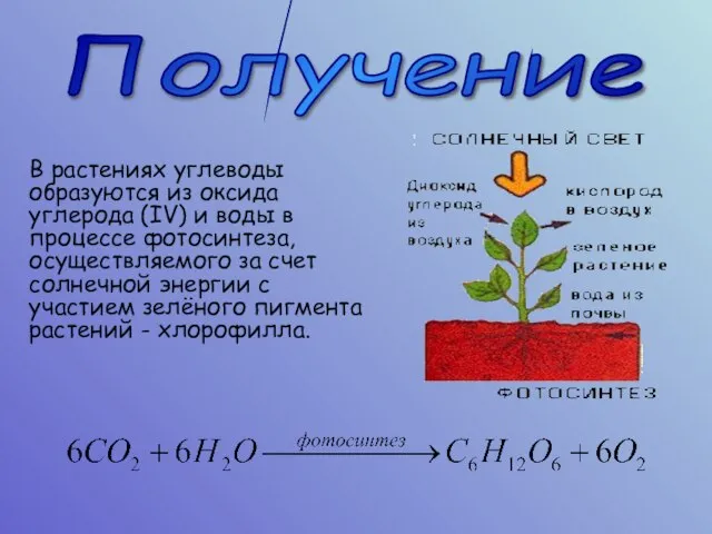 Получение В растениях углеводы образуются из оксида углерода (IV) и воды