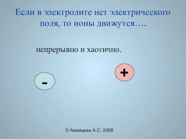 © Акимцева А.С. 2008 Если в электролите нет электрического поля, то