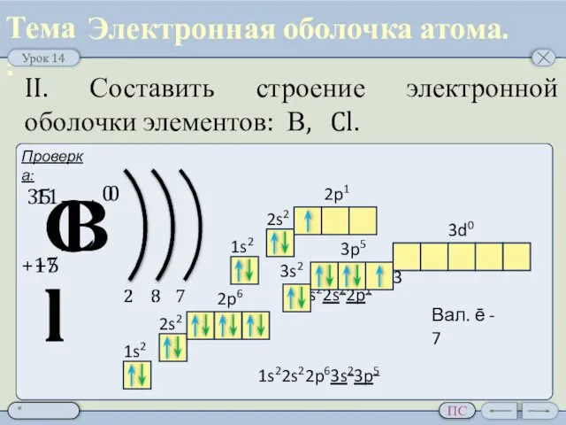 II. Составить строение электронной оболочки элементов: В, Cl. Электронная оболочка атома.