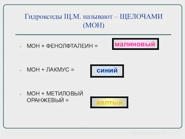 Гидроксиды Щ.М. называют – ЩЕЛОЧАМИ (МОН) МОН + ФЕНОЛФТАЛЕИН = МОН