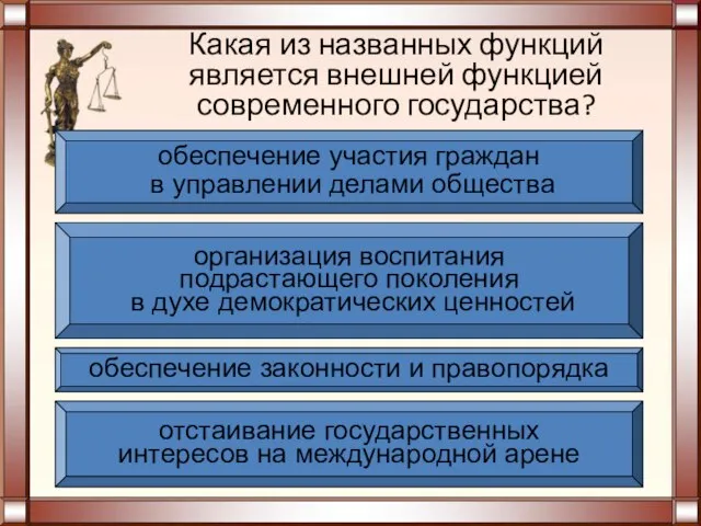 Какая из названных функций является внешней функцией современного государства? отстаивание государственных