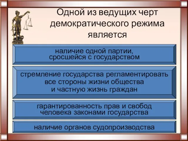 Одной из ведущих черт демократического режима является наличие органов судопроизводства гарантированность