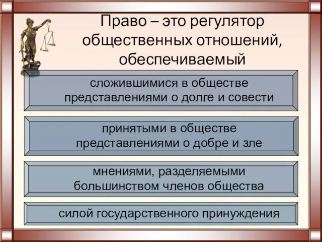 Право – это регулятор общественных отношений, обеспечиваемый принятыми в обществе представлениями