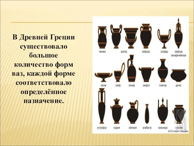 В Древней Греции существовало большое количество форм ваз, каждой форме соответствовало определённое назначение.