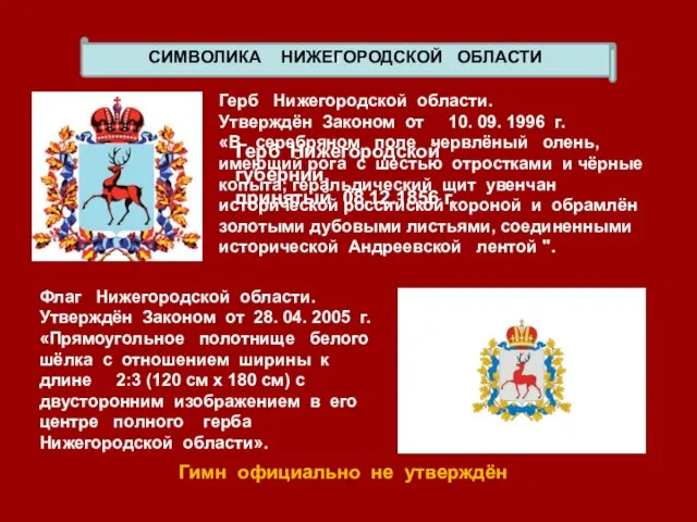 x СИМВОЛИКА НИЖЕГОРОДСКОЙ ОБЛАСТИ Герб Нижегородской области. Утверждён Законом от 10.