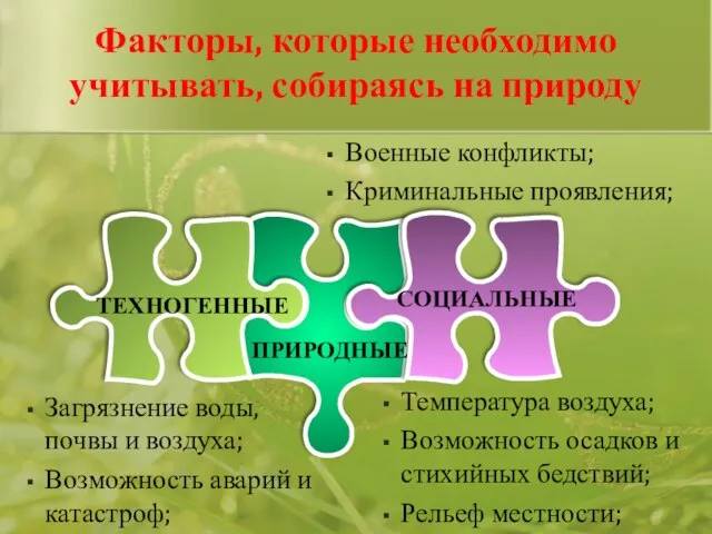 Температура воздуха; Возможность осадков и стихийных бедствий; Рельеф местности; Военные конфликты;