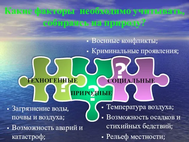 Какие факторы необходимо учитывать, собираясь на природу? ? ? ? Температура