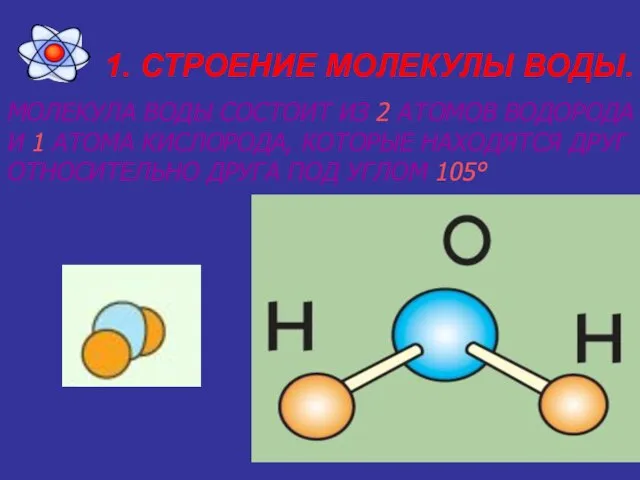 1. СТРОЕНИЕ МОЛЕКУЛЫ ВОДЫ. МОЛЕКУЛА ВОДЫ СОСТОИТ ИЗ 2 АТОМОВ ВОДОРОДА