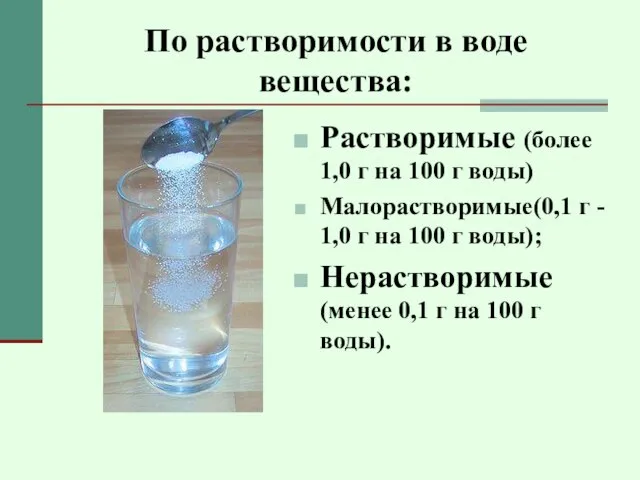 По растворимости в воде вещества: Растворимые (более 1,0 г на 100