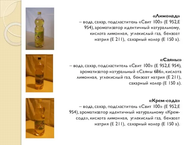 «Лимонад» – вода, сахар, подсластитель «Свит 100» (Е 952,Е 954), ароматизатор