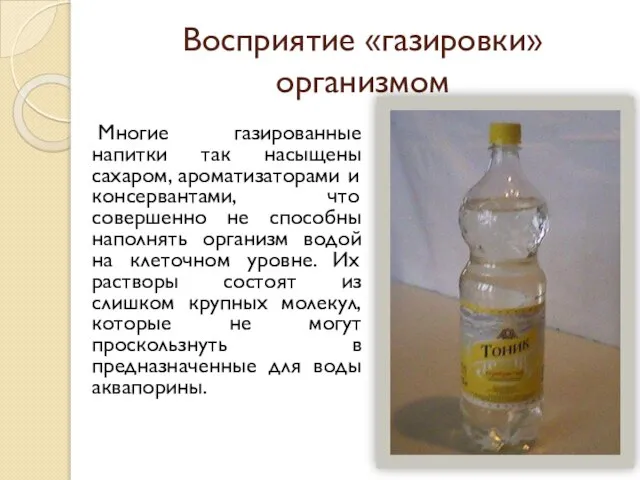 Восприятие «газировки» организмом Многие газированные напитки так насыщены сахаром, ароматизаторами и