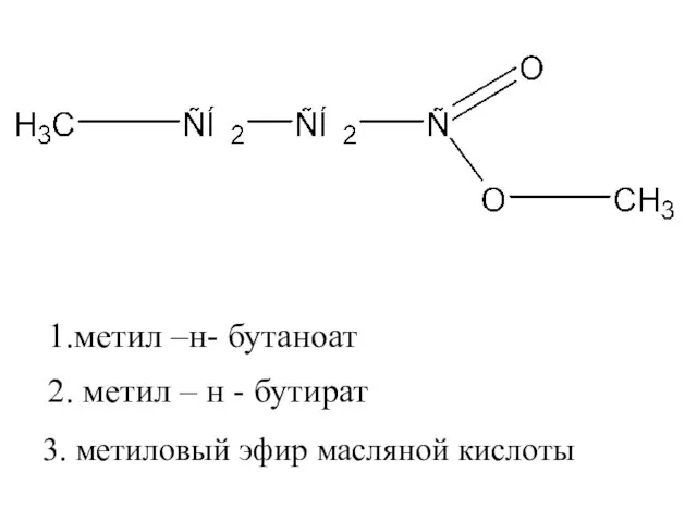 2. метил – н - бутират 3. метиловый эфир масляной кислоты 1.метил –н- бутаноат