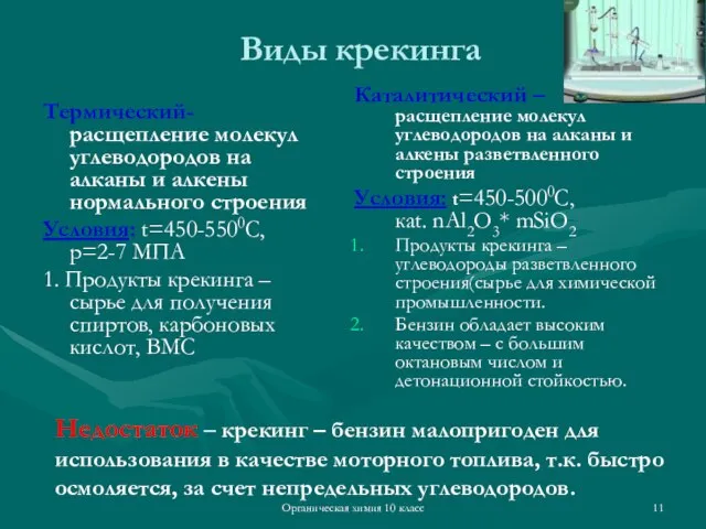 Органическая химия 10 класс Виды крекинга Термический- расщепление молекул углеводородов на