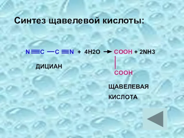 N C C N + 4H2O COOH + 2NH3 COOH ДИЦИАН ЩАВЕЛЕВАЯ КИСЛОТА Синтез щавелевой кислоты: