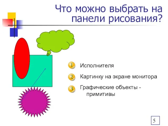 Что можно выбрать на панели рисования? Исполнителя Картинку на экране монитора Графические объекты - примитивы