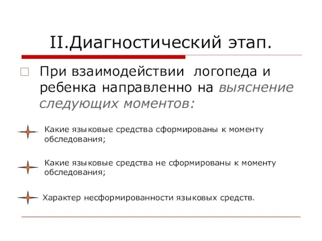 II.Диагностический этап. При взаимодействии логопеда и ребенка направленно на выяснение следующих