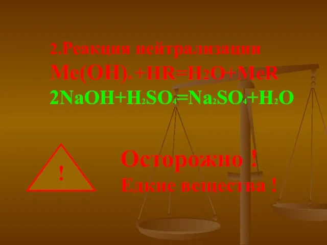 2.Реакция нейтрализации Ме(ОН)n +HR=H2O+MeR 2NaOH+H2SO4=Na2SO4+H2O ! Осторожно ! Едкие вещества !