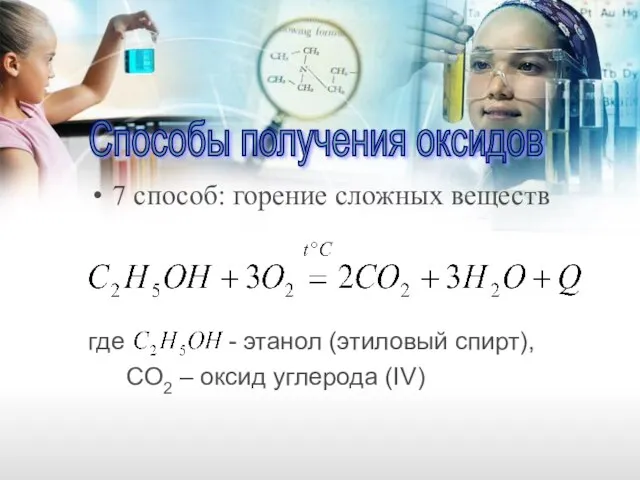 7 способ: горение сложных веществ где - этанол (этиловый спирт), СO2