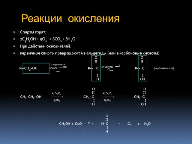 Реакции окисления Спирты горят: 2С3H7ОH + 9O2  6СO2 + 8H2O