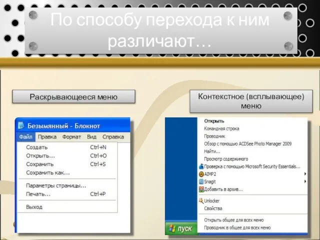 По способу перехода к ним различают… Раскрывающееся меню Контекстное (всплывающее) меню