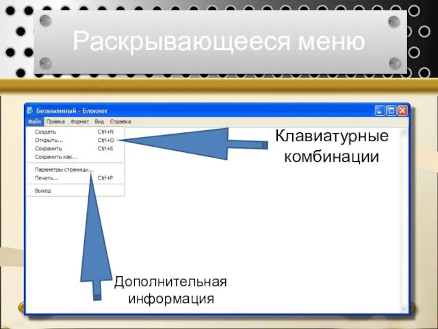 Раскрывающееся меню Клавиатурные комбинации Дополнительная информация