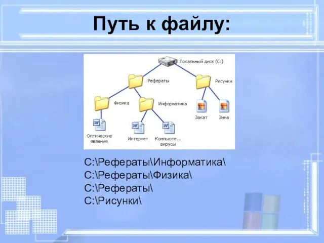 C:\Рефераты\Информатика\ C:\Рефераты\Физика\ C:\Рефераты\ C:\Рисунки\ Путь к файлу: