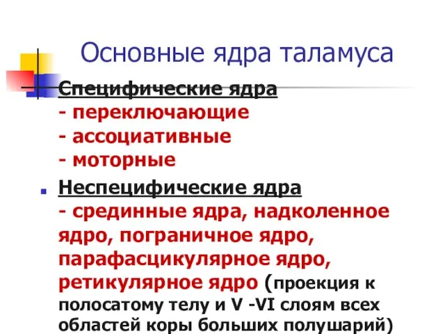 Основные ядра таламуса Специфические ядра - переключающие - ассоциативные - моторные