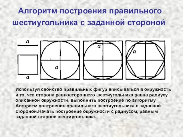 Алгоритм построения правильного шестиугольника с заданной стороной Используя свойство правильных фигур