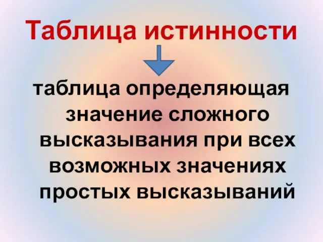 Таблица истинности таблица определяющая значение сложного высказывания при всех возможных значениях простых высказываний