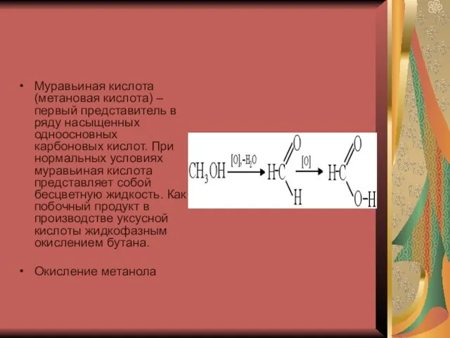 Муравьиная кислота (метановая кислота) – первый представитель в ряду насыщенных одноосновных